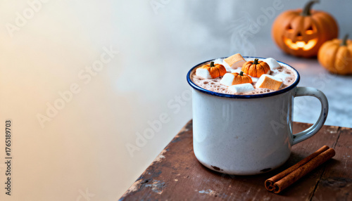 Hot cocoa with pumpkin marshmallows for Halloween on table