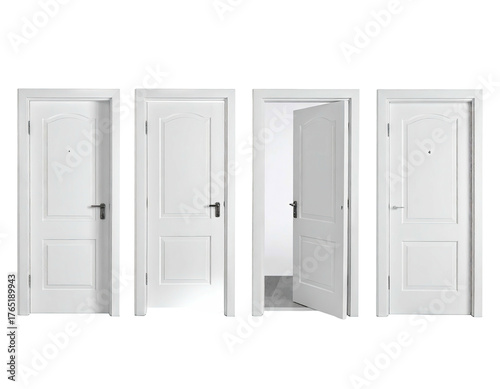 Four white doors, one ajar, architectural detail