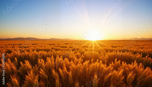 Golden wheat field under sunrise with clear blue sky in summer  