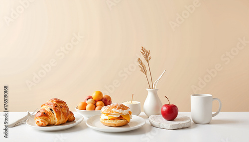 Breakfast table with croissant, donuts, fruit, and coffee cup  