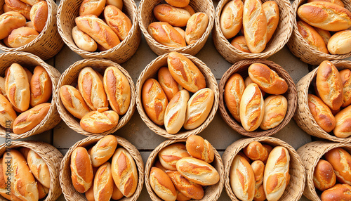 Freshly baked bread on wooden table in modern bakery kitchen  