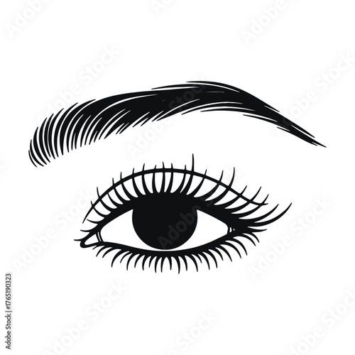 Stylized eye with eyebrow and eyelashes in black and white art