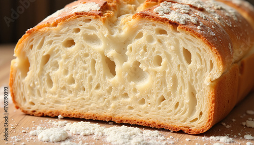 Freshly baked loaf of bread sliced with soft texture on wooden board  