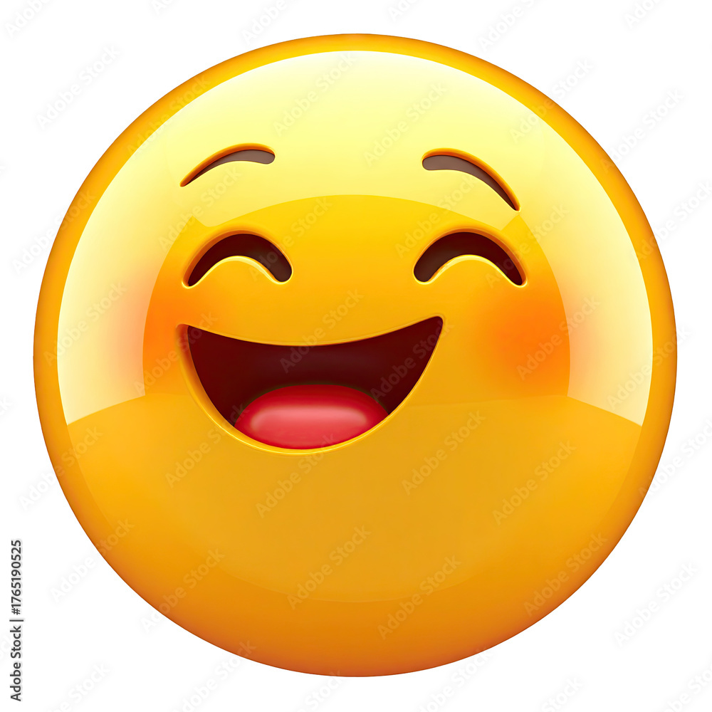 Fototapeta premium Smiling, winking, shiny yellow emoji with pink cheeks