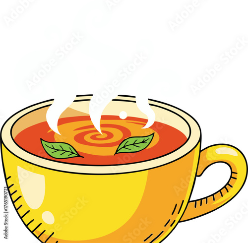 Cartoon vector illustration of a yellow cup of hot tea.