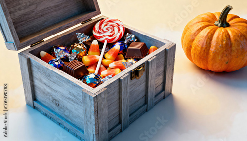 Wooden treasure chest overflows with Halloween candy and pumpkin sits nearby