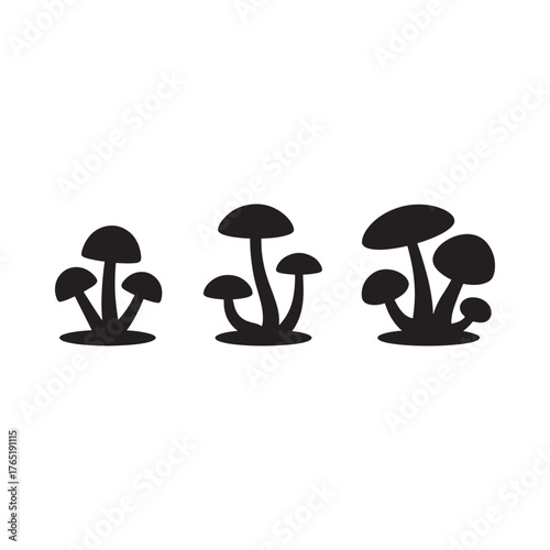 Three stylized black mushroom silhouettes on a white background