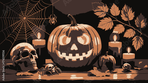 Spooky Halloween arrangement, featuring jack-o'-lantern, skull, spiderweb, and candles, evoking a chilling yet festive atmosphere perfect for holiday designs