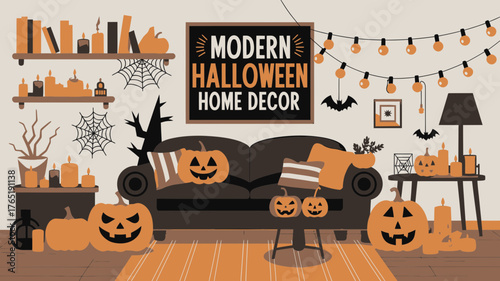 Charming Halloween Home Decor Scene with Cozy Pumpkins and Spooky Accents, Perfect for Festive Holiday Celebrations and Adding a Touch of Seasonal Style