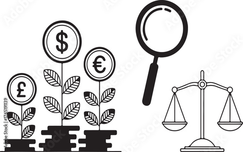 Financial Growth and Analysis Currency Symbol Plants, Magnifying Glass, and Scales of Justice