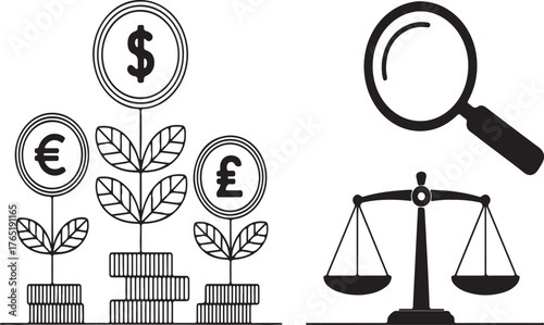 Financial Growth and Analysis Euro, Dollar, Pound, Magnifying Glass, and Scales of Justice Icons