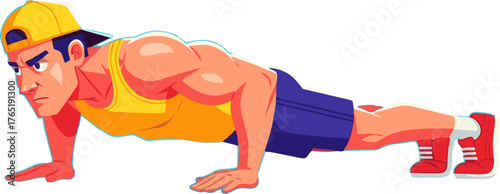 Muscular anime style man doing a push-up exercise isolated on white.