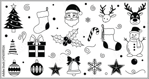 Black and white christmas themed line art illustration with various holiday elements displayed neatly