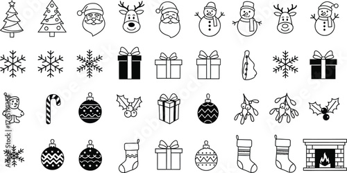 A collection of christmas themed outline icons including santa reindeer and christmas trees and ornaments