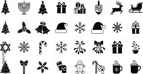 A collection of christmas and hanukkah themed icons in black and white vector format set on white