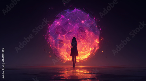 Woman stands in virtual chaos, surrounded by vibrant artwork that blends colors and shapes, creating mesmerizing atmosphere