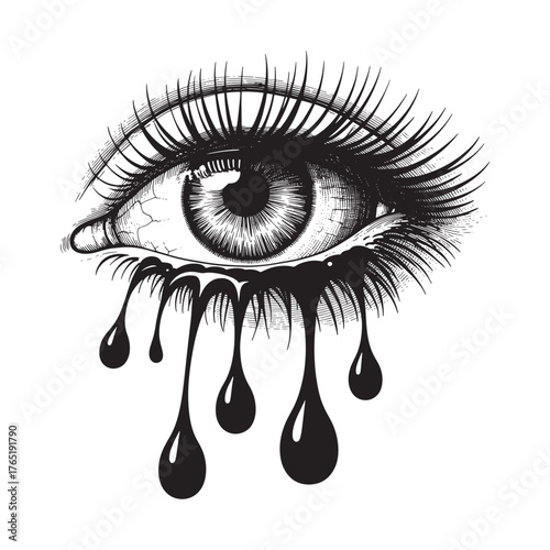 Detailed drawing of eye weeping tears of ink in black and white