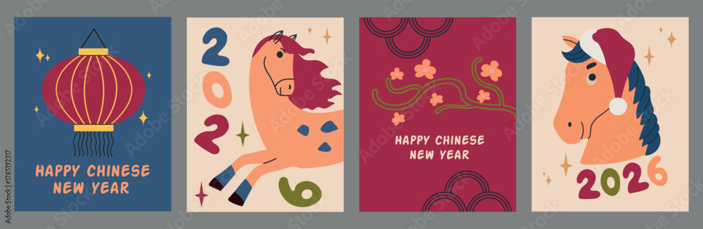Fototapeta premium Set collection of Happy Chinese New Year of the Horse 2026 card banner invitation poster