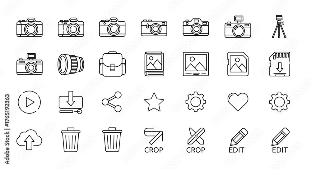 Fototapeta premium A clean and modern line art icon set featuring photography and editing tools, perfect for digital applications and websites. Includes cameras, lenses, tripods, bags, image placeholders, memory cards