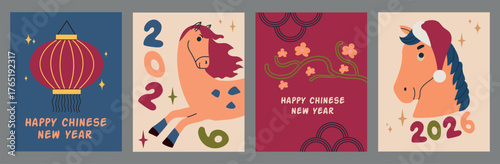 Set collection of Happy Chinese New Year of the Horse 2026 card banner invitation poster