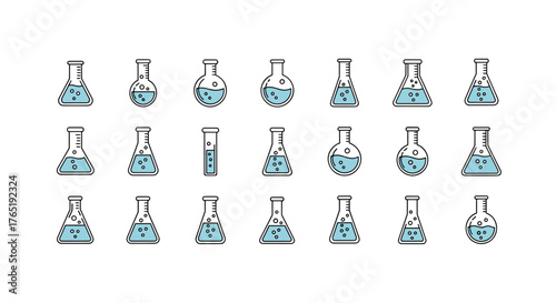 Collection of minimalistic laboratory flasks and beakers filled with blue liquid and bubbles, presented in a cartoon style with a white outline on a black background, ideal for science, education
