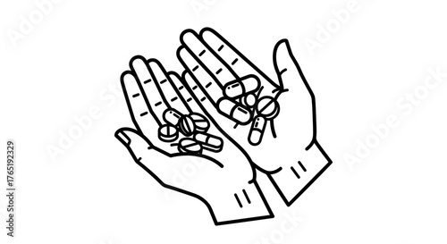 Clean line art illustration of an open pair of hands gently holding a collection of various pills, symbolizing healthcare, medicine, and pharmaceutical concepts, presented on a crisp white background