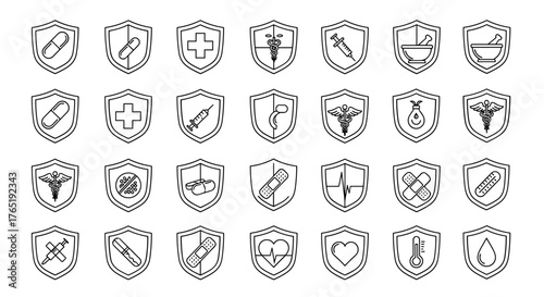 Collection of Medical Icons on Shields: A Vector Set Featuring Pills, Syringes, Caduceus, Mortars, Hearts, Thermometers, and More, Ideal for Healthcare Graphics, Web Design, and App Development