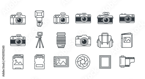 Collection of clean line art icons representing photography equipment and accessories, including various camera models, lenses, flashes, tripods, memory cards, film rolls, camera bags, and photo
