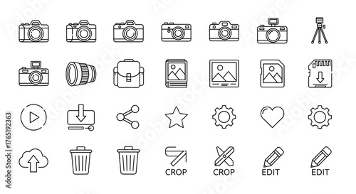 A clean and modern line art icon set featuring photography and editing tools, perfect for digital applications and websites. Includes cameras, lenses, tripods, bags, image placeholders, memory cards
