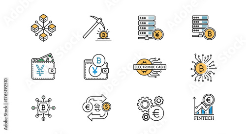 Vibrant collection of line icons representing Bitcoin and cryptocurrency concepts, including blockchain technology, crypto mining, digital wallets with currency symbols, electronic cash, financial