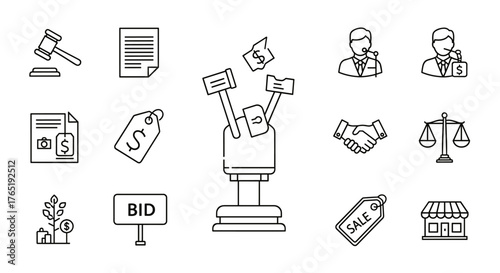 Collection of auction and commerce-related vector icons, featuring a gavel, bid sign, sale tag, handshake, scales of justice, auctioneer, document, and a storefront, representing business deals