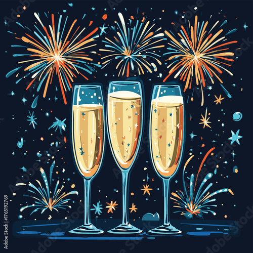 New Year's Eve with fireworks, champagne to celebrate the new year holiday cartoon illustrations,generated with AI.   , vector style simple color