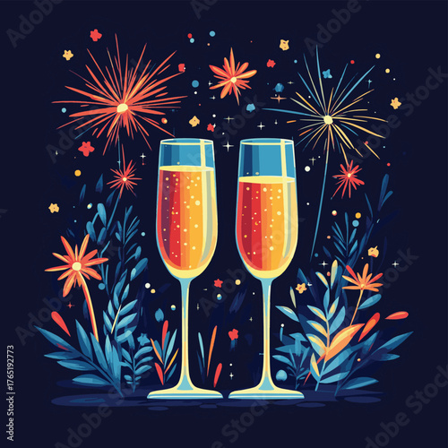 New Year's Eve with fireworks, champagne to celebrate the new year holiday cartoon illustrations,generated with AI.   , vector style simple color