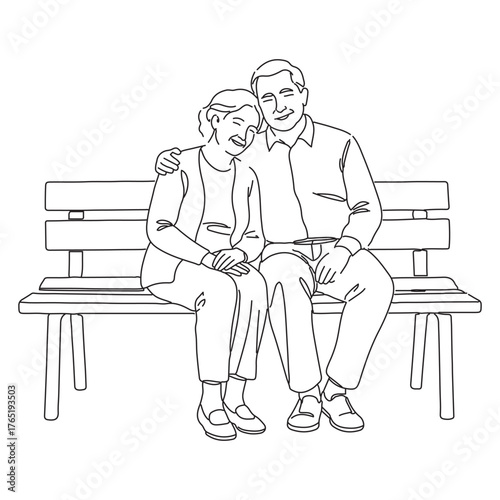 line drawing of old couple sitting on bench.