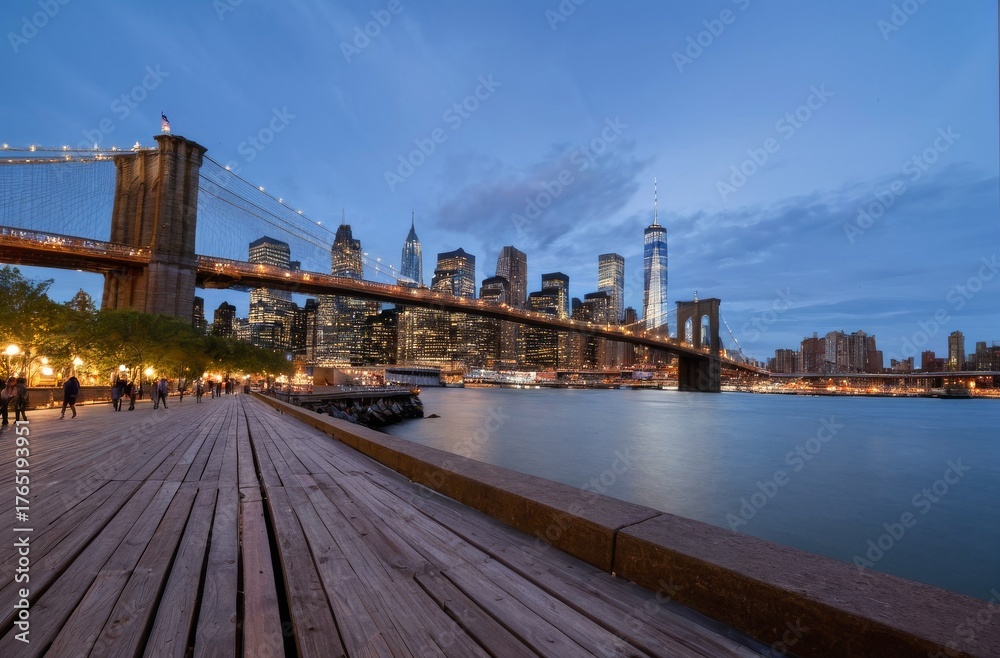 Fototapeta premium マジックアワーに輝く摩天楼と歴史的な橋のランドスケープ