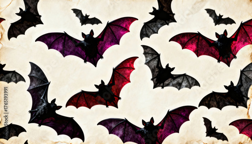 Flying bats with colorful wings on aged parchment for Halloween night