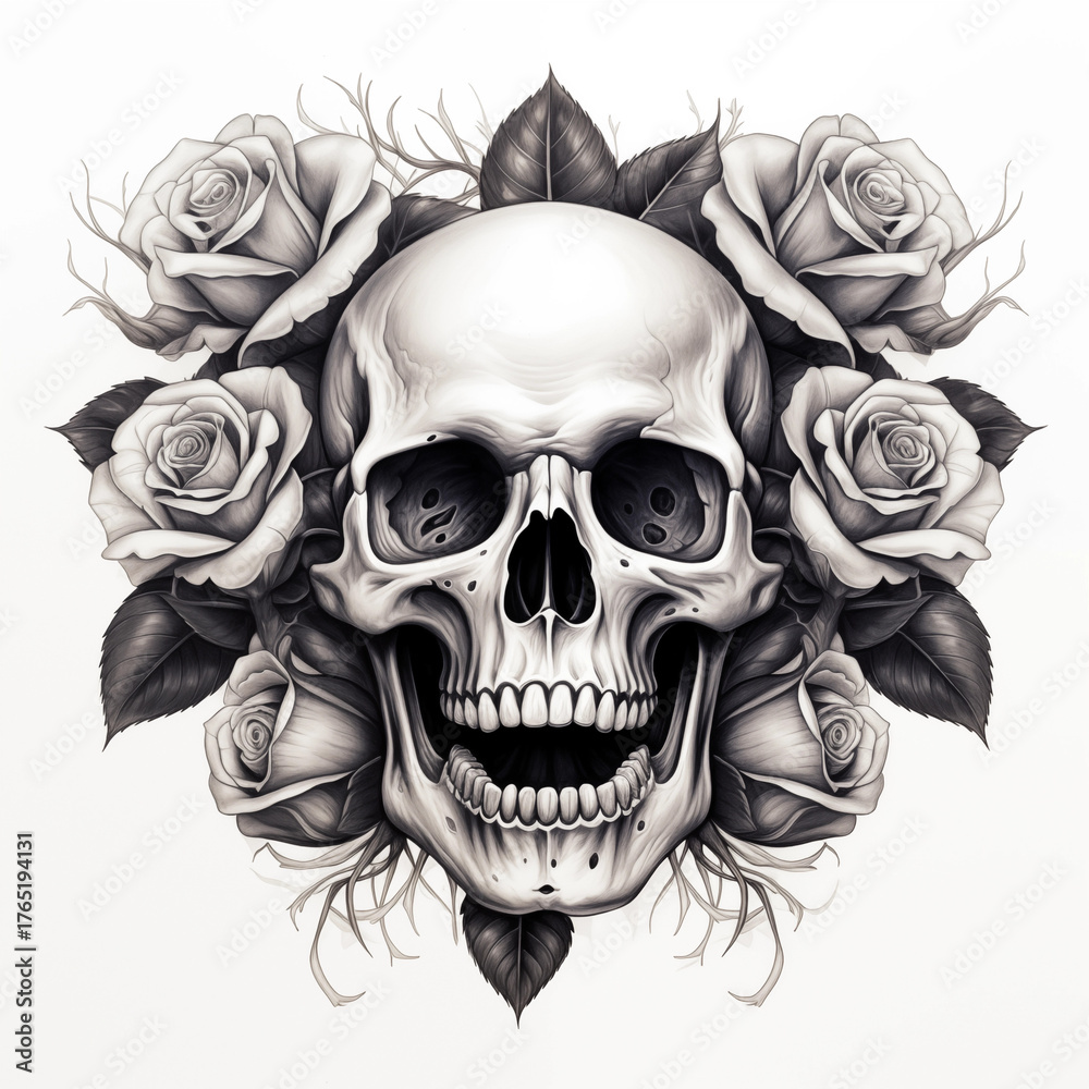 Fototapeta premium Detailed black and white pencil sketch of a human skull with cracked bone texture, framed by dark, beautifully blooming roses and foliage.