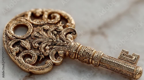 Ornate vintage key resting on marble surface