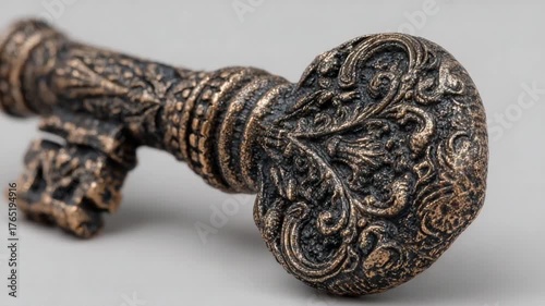 Ornate vintage key with intricate designs on display