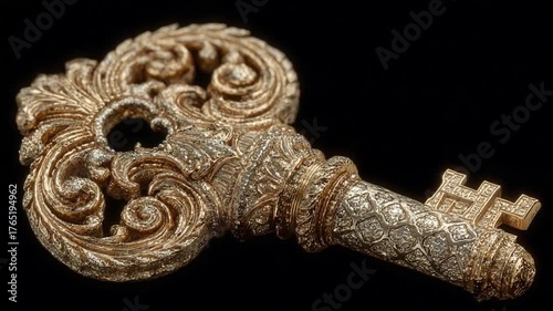 Ornate vintage key with intricate designs on black