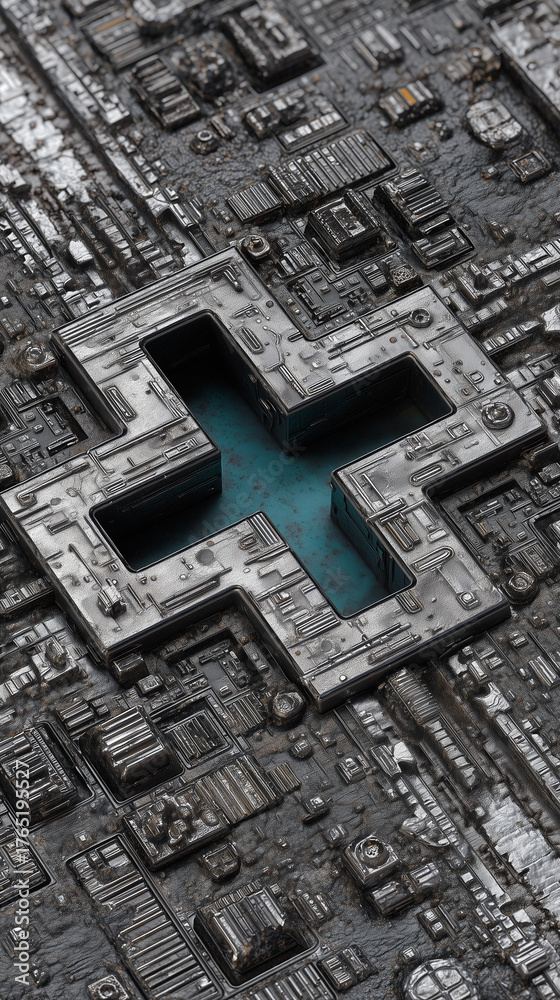 Obraz premium Futuristic metallic circuit structure with a cross-shaped void, symbolizing digital healthcare or tech innovation.