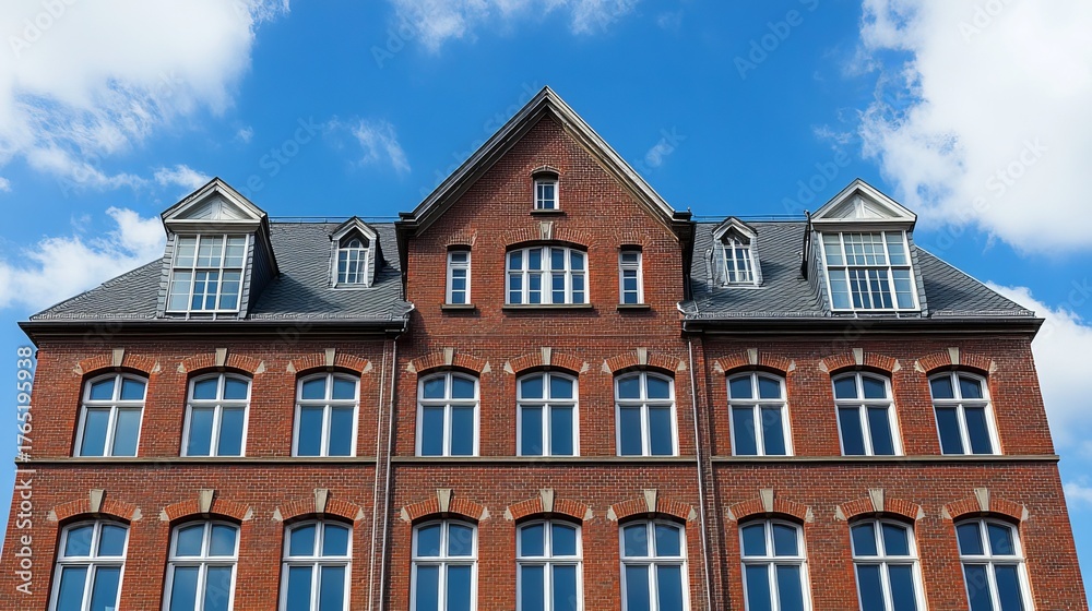 Fototapeta premium Historic large brick building with mansard roof and dormer windows, classic school or office architecture