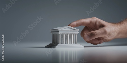 Hand reach out for bank model with bank account, white banner,copy space.
