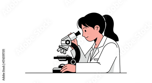 Illustrated Female Scientist Analyzing Samples Under a Microscope in a Laboratory Setting for Scientific Research and Medical Advancements