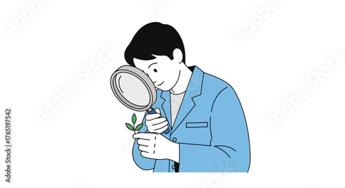 Illustration of a scientist examining a plant leaf with a magnifying glass, ideal for educational materials, scientific research, and botanical studies.