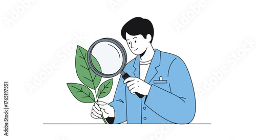 Scientist Inspecting Plant Leaves with Magnifying Glass for Botanical Research and Agricultural Studies, Suitable for Science Education and Environmental Projects