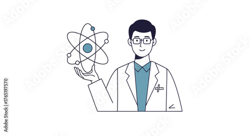 Scientist Holding Atom Model Illustration Depicting Scientific Research and Education for Educational Materials, Scientific Publications, and Technology Presentations