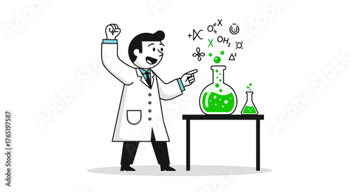 Enthusiastic Scientist Celebrating Success in Chemistry Experiment with Green Liquid and Floating Chemical Formulas for Educational or Scientific Illustrations