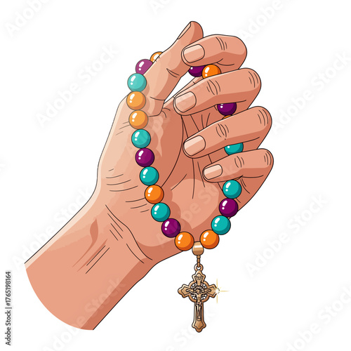 A close-up illustration of a hand holding a colorful rosary with a crucifix pendant.