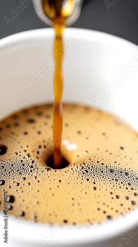 Hot coffee pouring into a white cup creating a swirling foam beverage drink